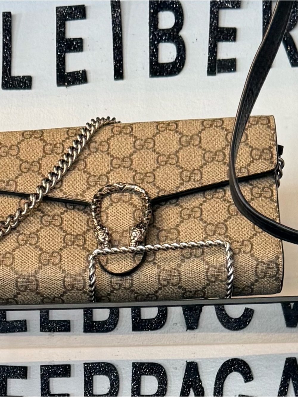 Gucci Beige GG Supreme Crossbody with Silver Chain & Tiger Head Hardware